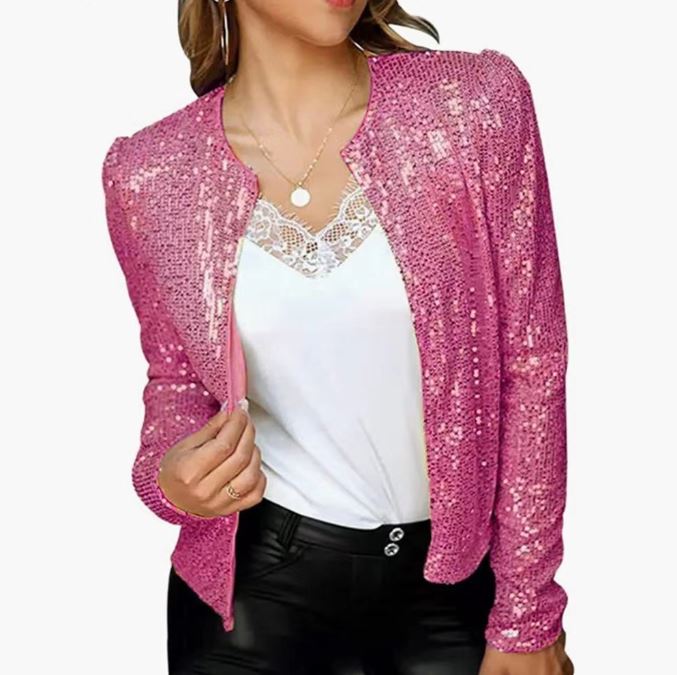 Fashionable round neck solid color sequin short style casual hundred Put on a coat