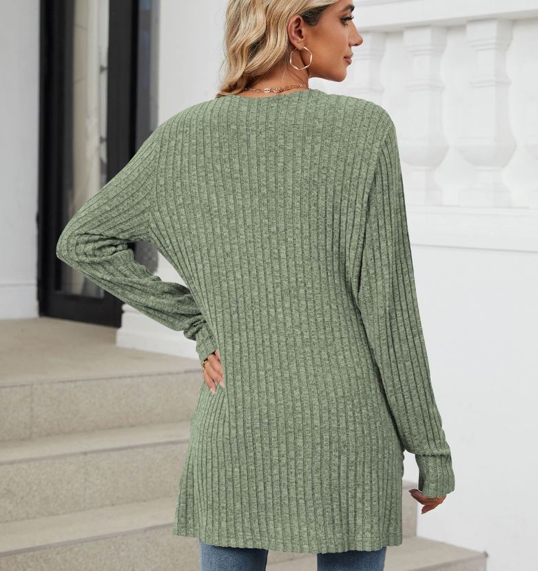 Autumn and winter new solid color pocket long sleeved base cardigan knitted sweater