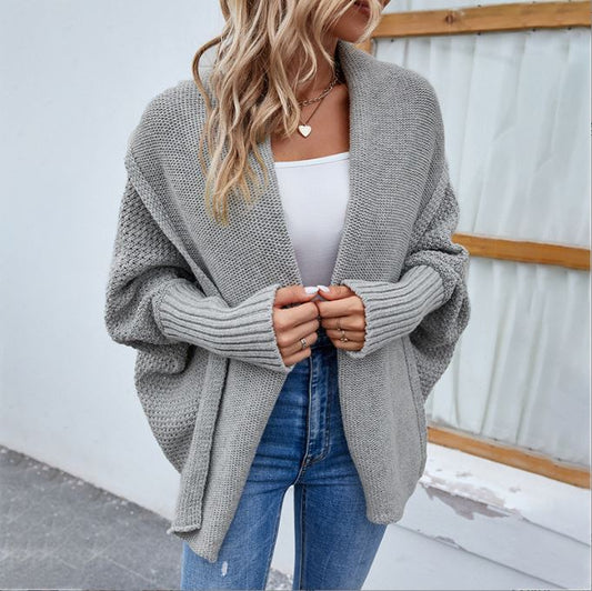 Autumn and Winter New Women's Solid Color Bat Sleeve Cardigan Coat