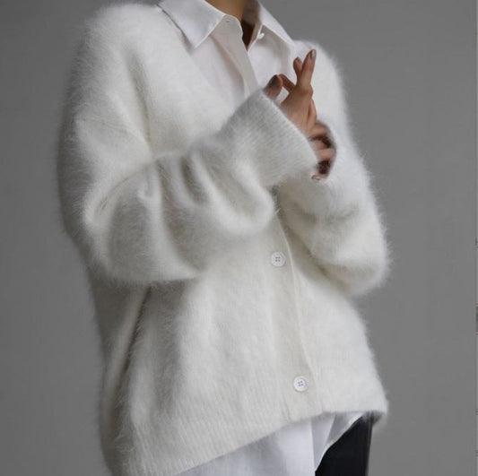 Mink fur V-neck autumn and winter new loose solid color cardigan jacket