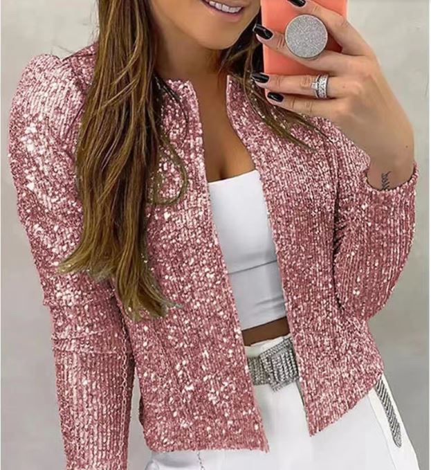 Fashionable round neck solid color sequin short style casual hundred Put on a coat