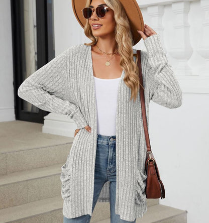 Autumn and winter new solid color pocket long sleeved base cardigan knitted sweater