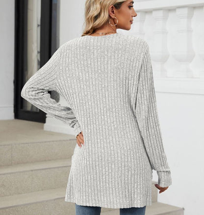 Autumn and winter new solid color pocket long sleeved base cardigan knitted sweater