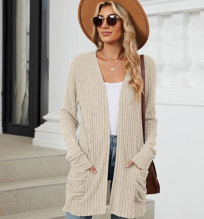 Autumn and winter new solid color pocket long sleeved base cardigan knitted sweater