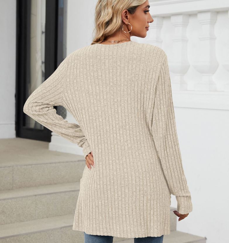 Autumn and winter new solid color pocket long sleeved base cardigan knitted sweater