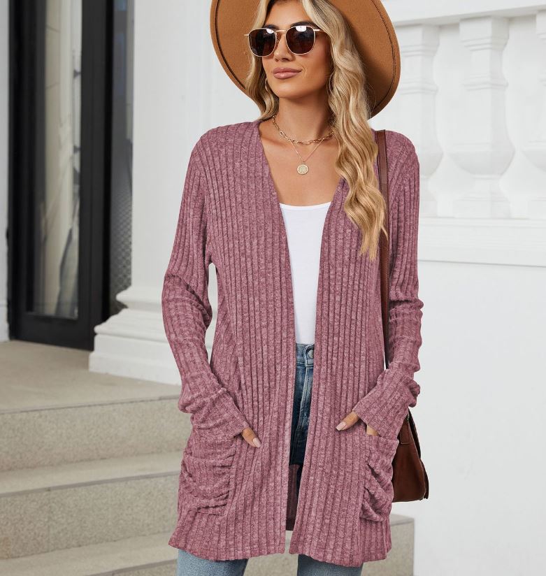 Autumn and winter new solid color pocket long sleeved base cardigan knitted sweater