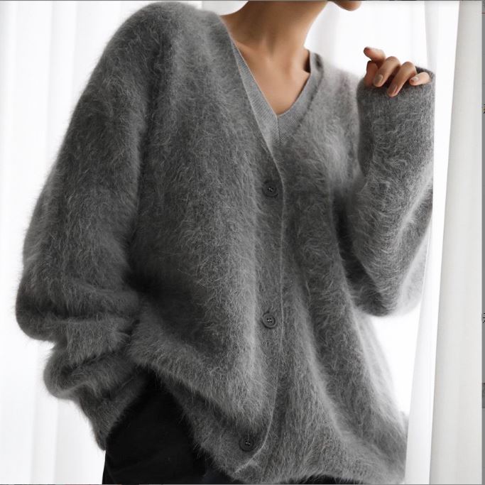 Mink fur V-neck autumn and winter new loose solid color cardigan jacket