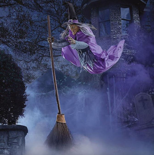 Halloween animation hovering witch purple path outdoor decoration broom