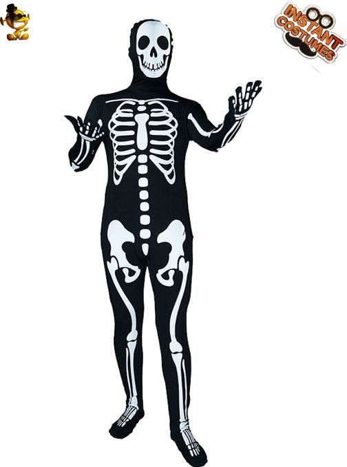 Men's horror skull and ghost bone jumpsuit Halloween party performance outfit