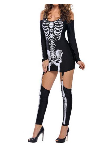 Makeup Ball Skeleton Skeleton Printed Sexy Off Shoulder Halloween Dark Performance Dress