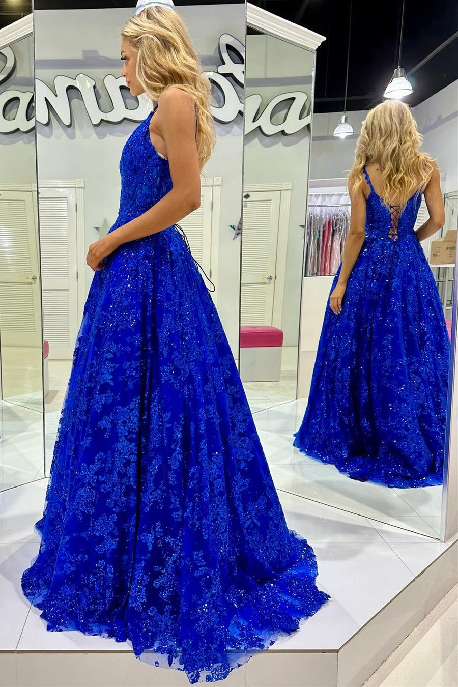 Royal Blue A-Line Sequin Lace V-Neck  Long Prom Dress