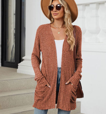 Autumn and winter new solid color pocket long sleeved base cardigan knitted sweater