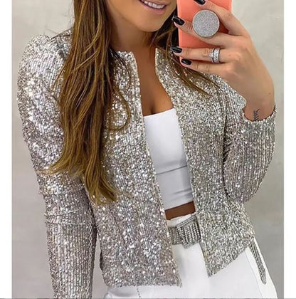 Fashionable round neck solid color sequin short style casual hundred Put on a coat