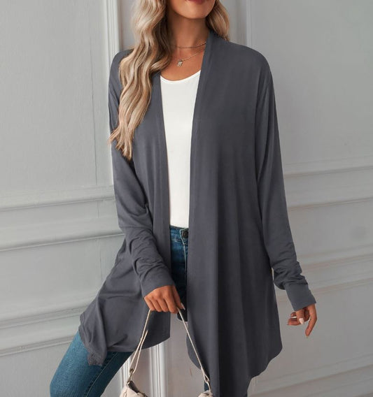 Autumn new solid color long sleeved cardigan jacket long top