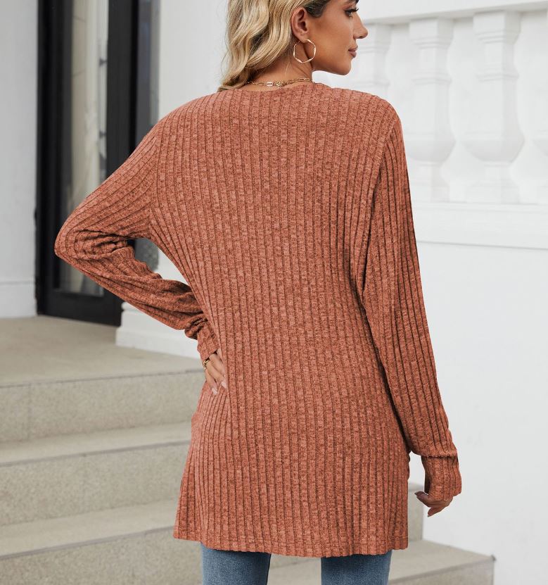 Autumn and winter new solid color pocket long sleeved base cardigan knitted sweater