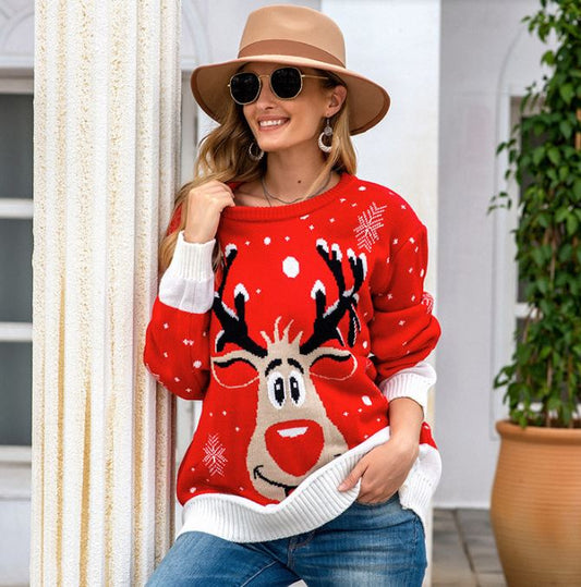 Loose fitting Christmas reindeer jacquard knitted sweater for women