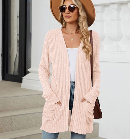 Autumn and winter new solid color pocket long sleeved base cardigan knitted sweater