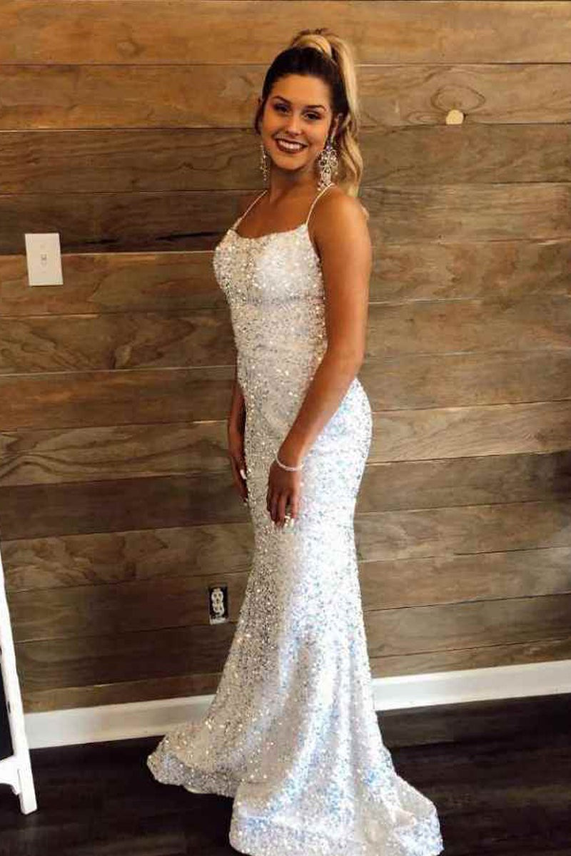 Elegant Straps Sequins White Long Mermaid Prom Dresses