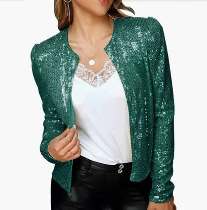 Fashionable round neck solid color sequin short style casual hundred Put on a coat