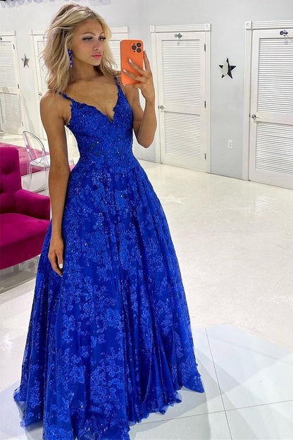 Royal Blue A-Line Sequin Lace V-Neck  Long Prom Dress