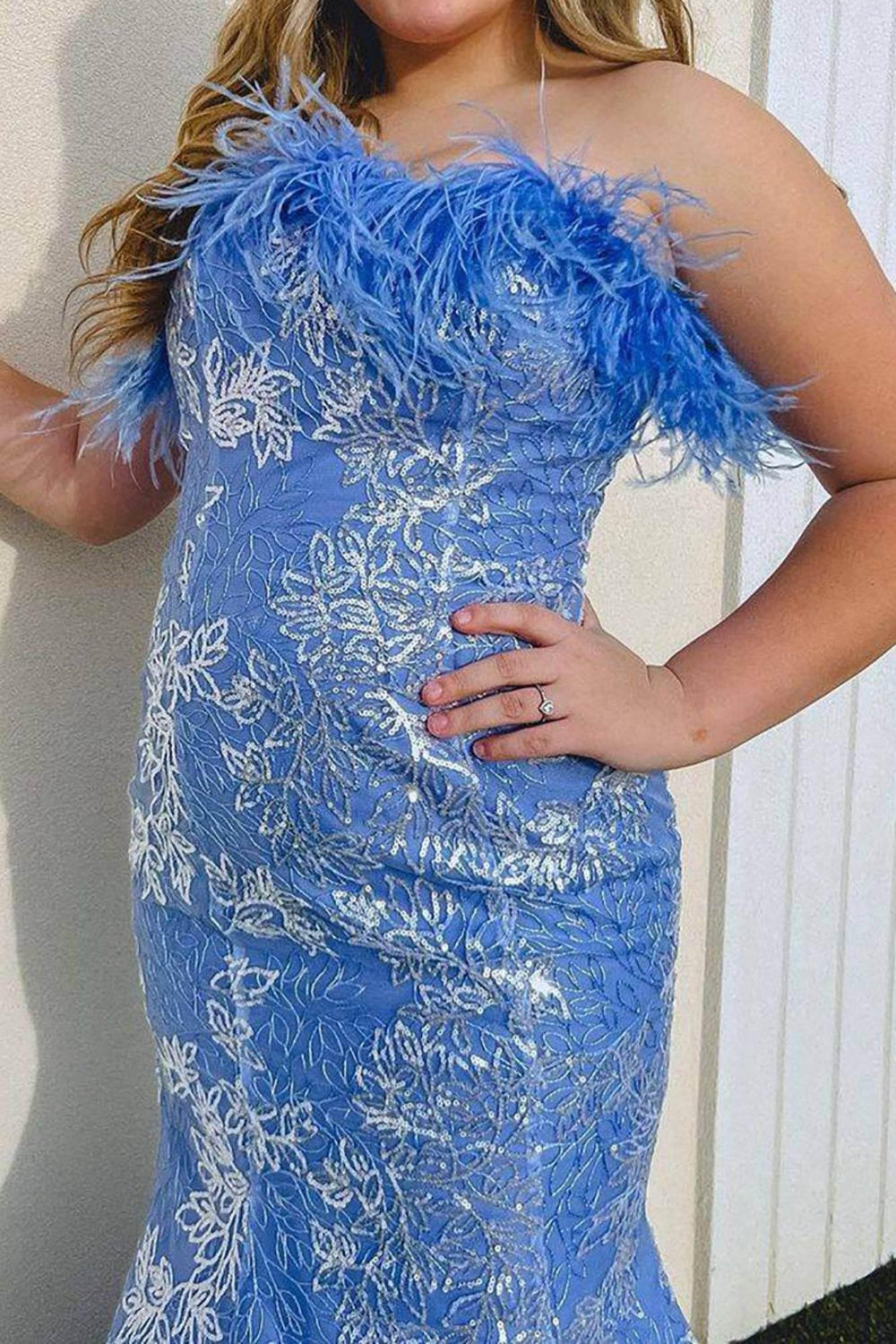 Strapless Blue Long Mermaid Prom Dress with Feather